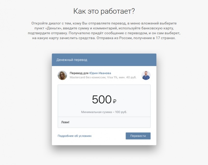 Социальная сеть «ВКонтакте» запустила функцию денежных переводов